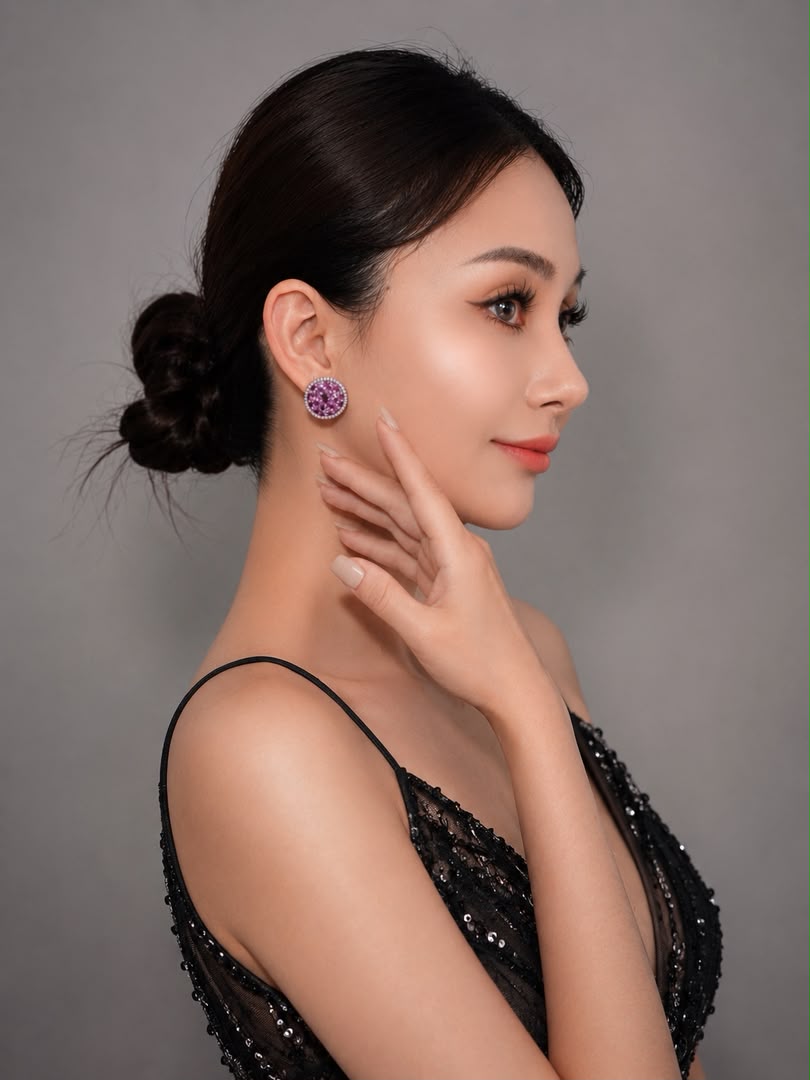 Ruby Radiance stud earrings worn, profile view