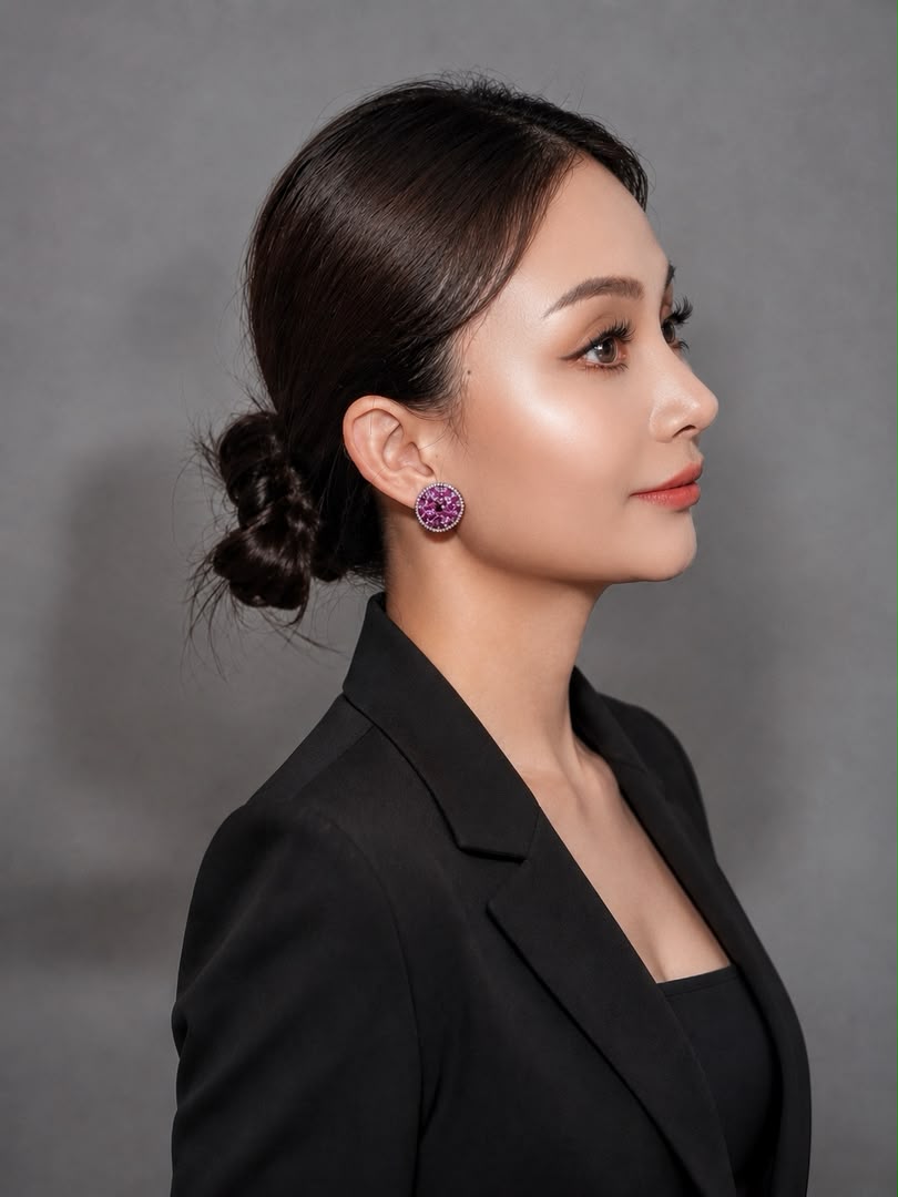 Ruby Radiance stud earrings worn with black blazer
